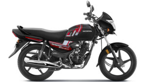 Stylish side view of Honda Shine 100 DX showing fuel tank, seat and exhaust design
