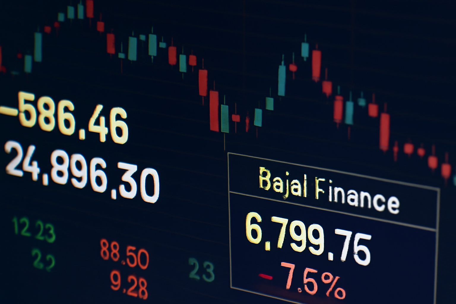 Stock market chart showing a significant decline, with red candlesticks representing a drop in prices. Bajaj Finance's stock price is displayed at ₹6,799.75, showing a 7.5% decrease, while the market index (Nifty) is down by 586.46 points, highlighting a market downtur